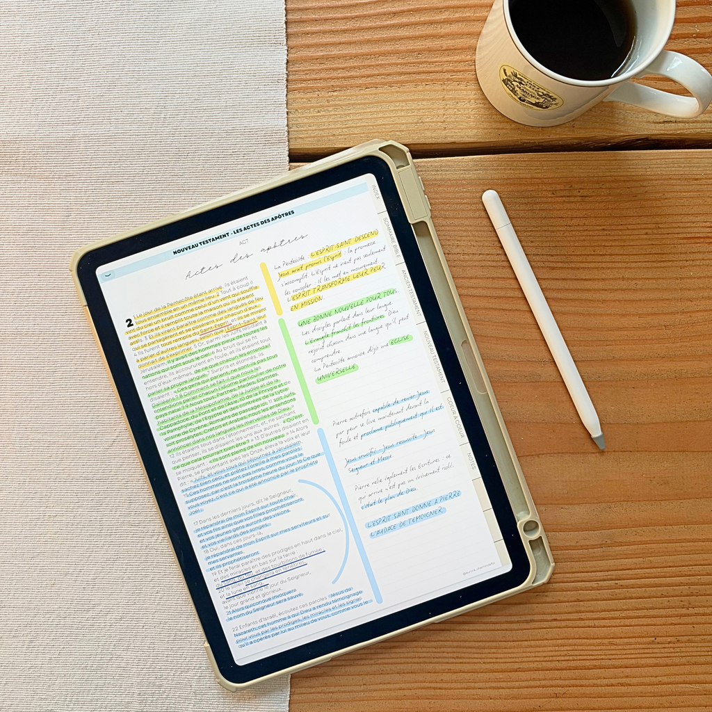 Aurora Bible Digitale ouverte sur iPad avec une page biblique annotée et surlignée