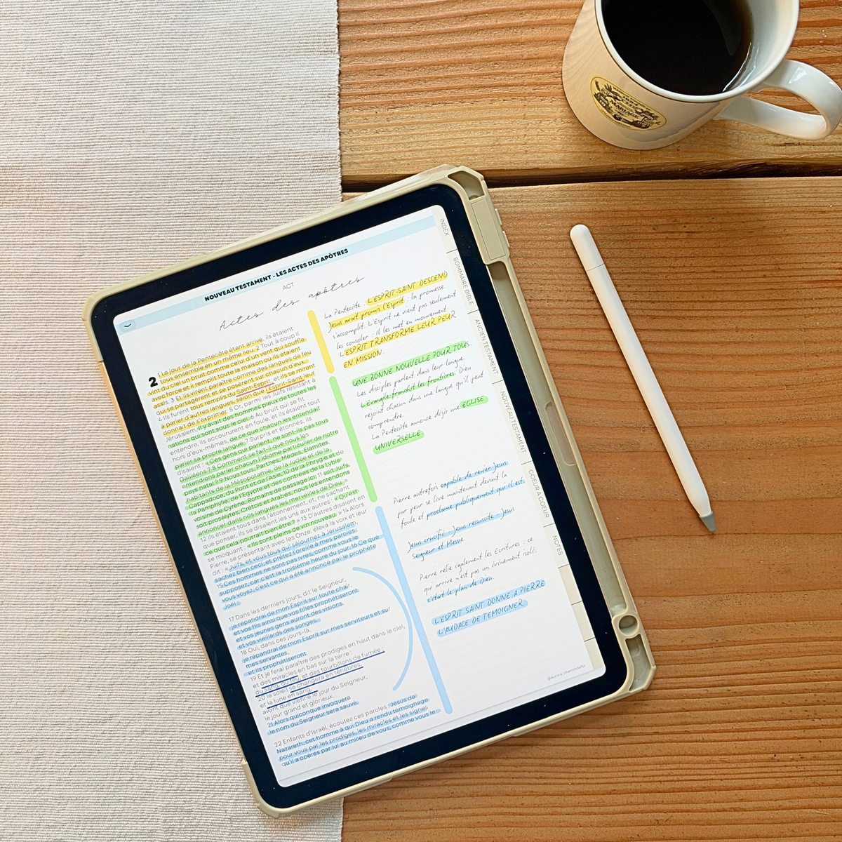 Aurora Bible Digitale ouverte sur iPad avec une page biblique annotée et surlignée