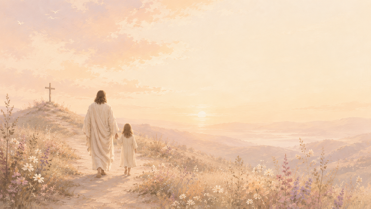 Jésus marchant avec un enfant dans un paysage lumineux – Aurora Chemin de Foi