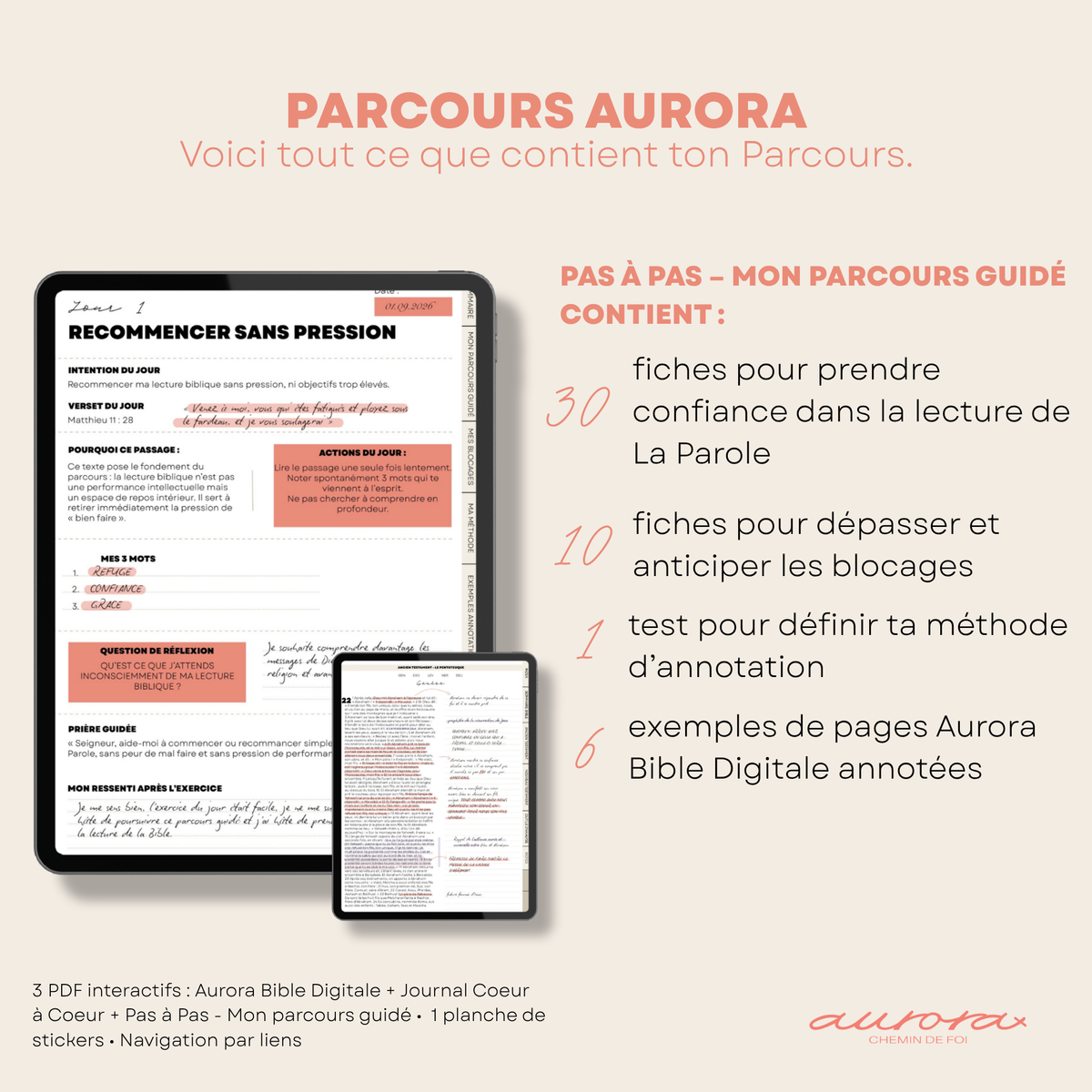Contenu détaillé du Parcours Aurora : Bible Digitale, Cœur à Cœur, Pas à Pas et 100 stickers digitaux