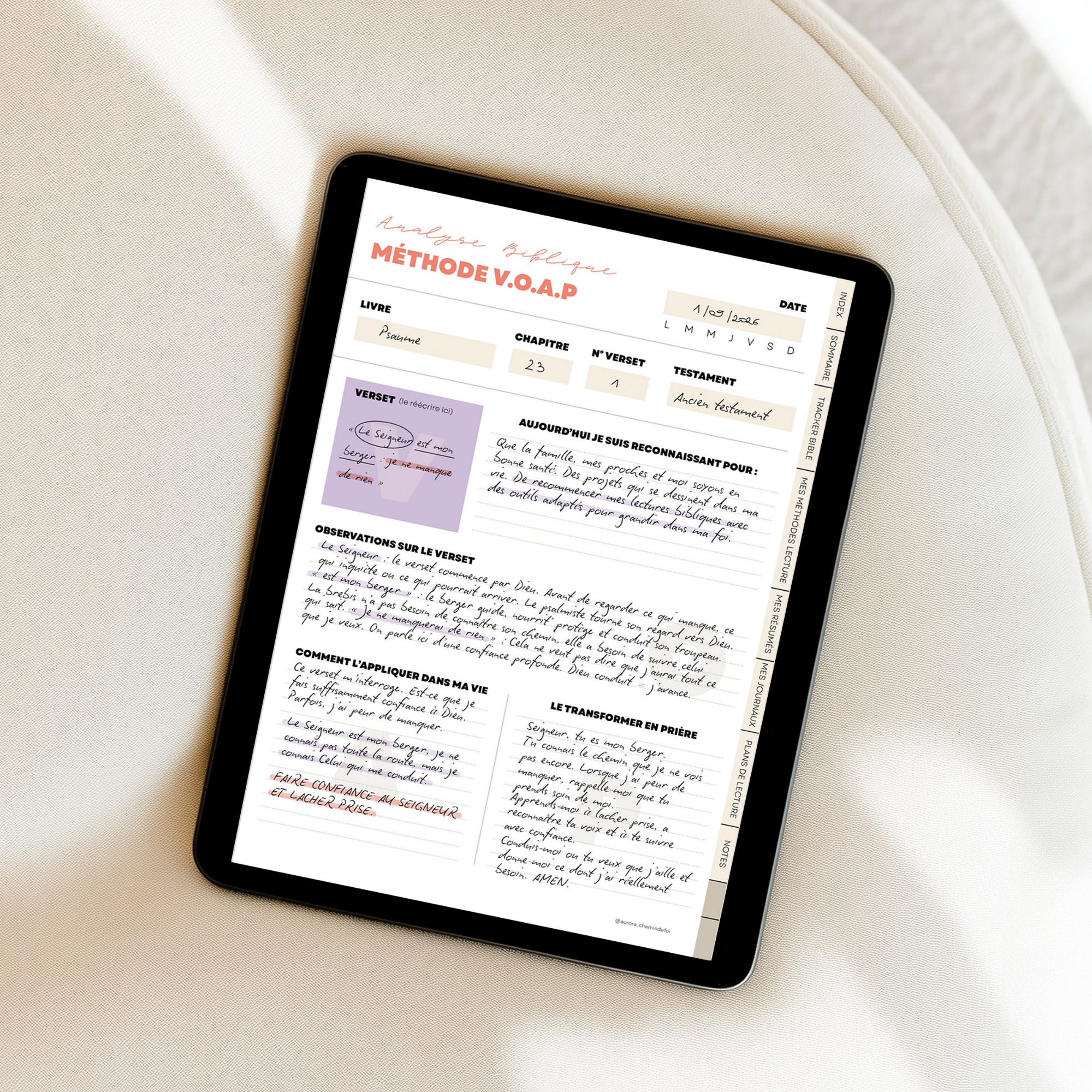 Exemple de fiche annotée dans le journal spirituel digital chrétien Coeur à Coeur 